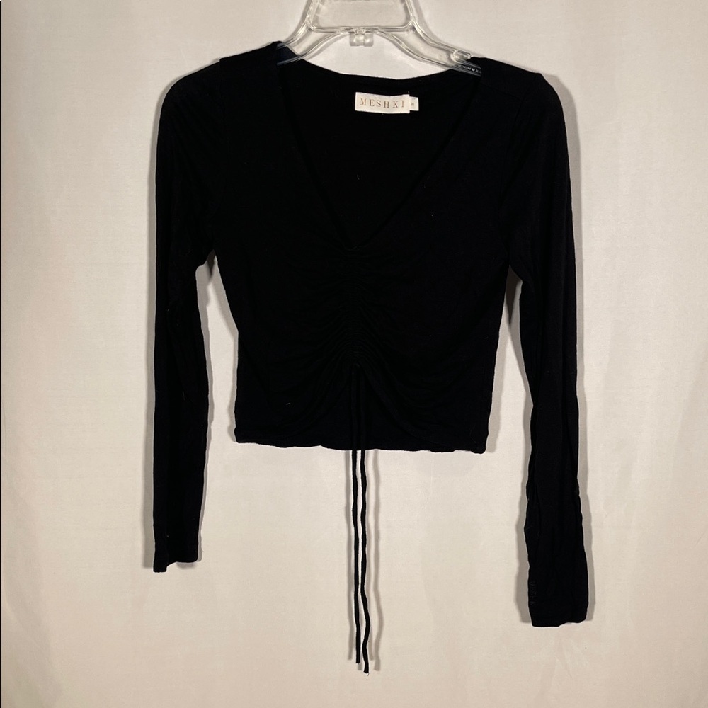 MESHKI WOMENS BLACK CINCH BLOUSE SEMI CROPPED SMALL